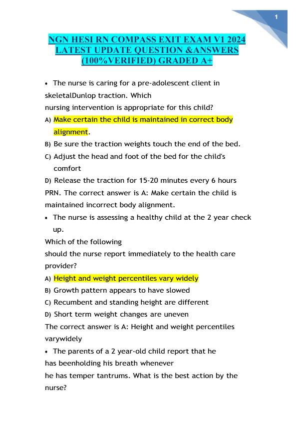 NGN HESI RN COMPASS EXIT EXAM V1 2024 LATEST UPDATE QUESTION &ANSWERS (100%VERIFIED) GRADED A+