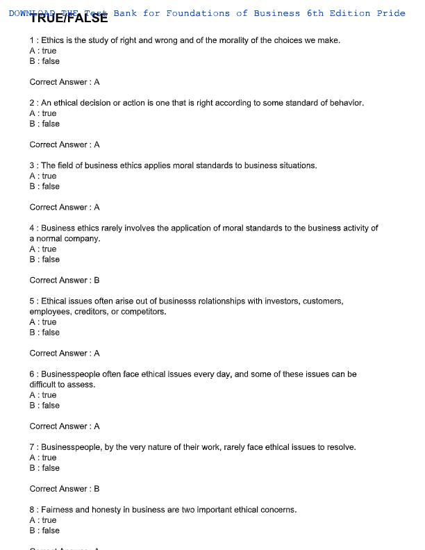 Foundations of Business 4th Edition Test Bank – Chapter 2: Ethics & Social Responsibility | Pride, H
